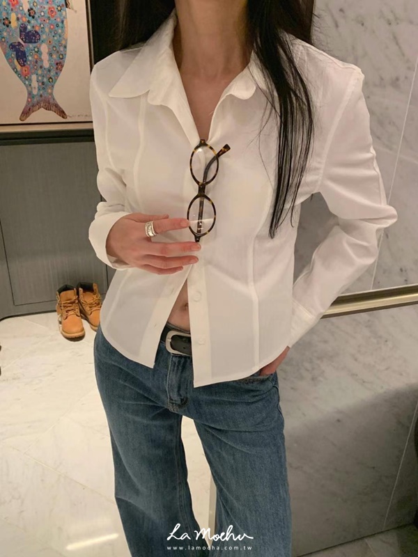 彈性顯腰身排釦素色襯衫